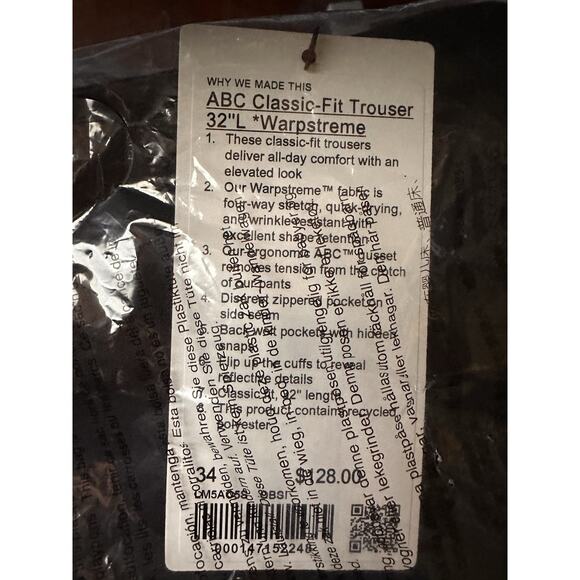 NWT $128 Lululemon ABC Classic-Fit 5Pkt Pants Trouser Warpstreme Obsidian 34X32 - Picture 13 of 13